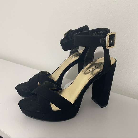 GUESS Platform Black Suede Pumps Heels Gold Buckle Strappy Sandal Open Toe - Picture 3 of 6